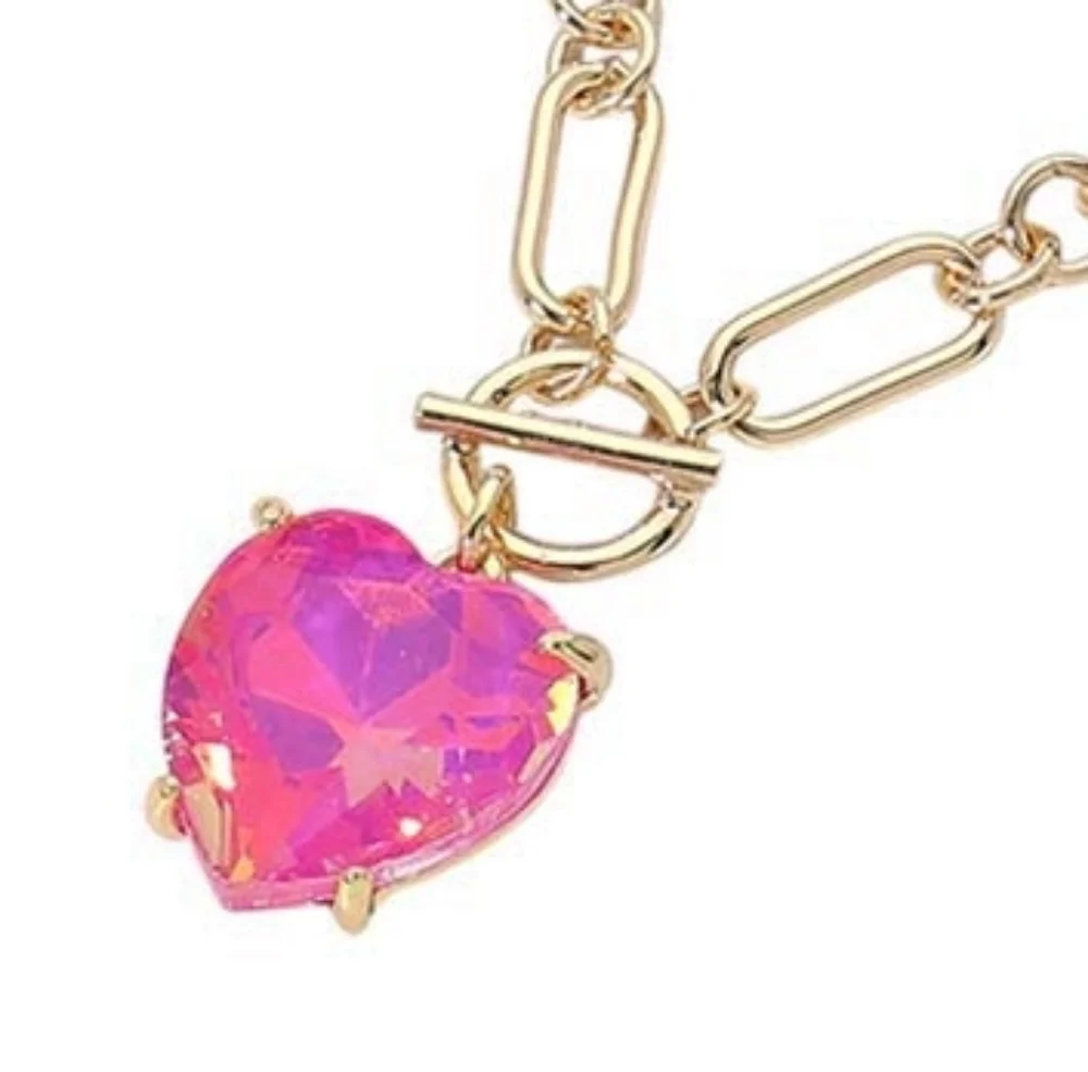 Plum Heart Toggle Paperclip Link Crystal Pendant Necklace Gold Jewelry Chain